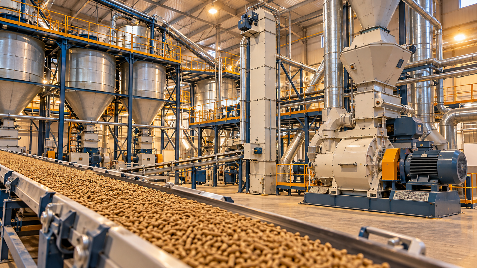 Industrial animal feed mill with pellet conveyor, hoppers and processing machinery
