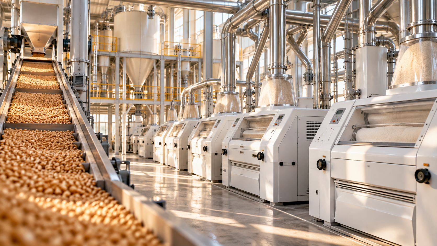 Modern flour milling plant with roller mills, stainless steel processing equipment and wheat grain